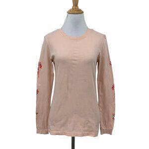 Adidas T Shirt Womens XS Pink Crew Neck Graphic Floral Long Sleeve Banded Cuffs